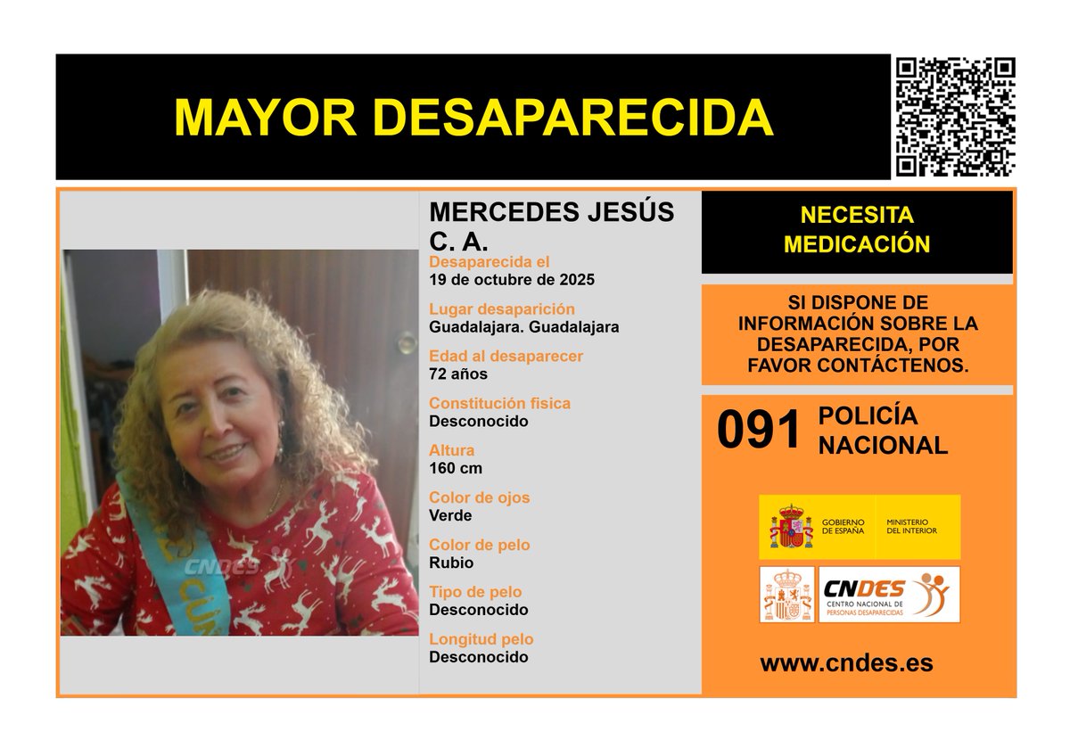 ⚠️🚺MAYOR DESAPARECIDA 🚺⚠️
Edad 72 años
🧐Última localización #Guadalajara 
Ayúdanos➡️comparte 📲
Si crees haberla visto 📩
☎️091 <a href="/policia/">Policía Nacional</a>
<a href="/cndes_oficial/">CNDES</a> #mayor #desaparecida