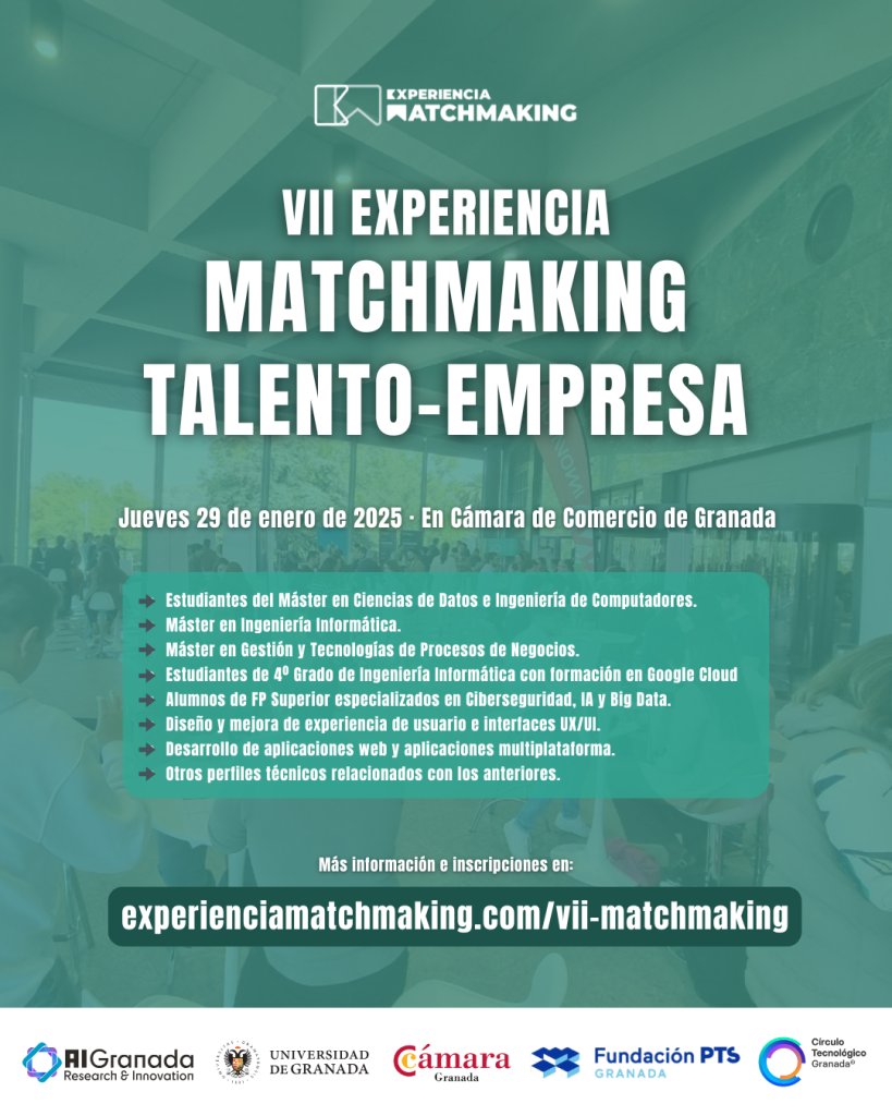 🤝 El VII Matchmaking Talento–Empresa volverá a reunir en Granada a empresas y perfiles tecnológicos para facilitar conexiones profesionales y oportunidades reales de colaboración.

Una jornada presencial pensada para acercar talento, innovación y tejido empresarial.

📅 29 de