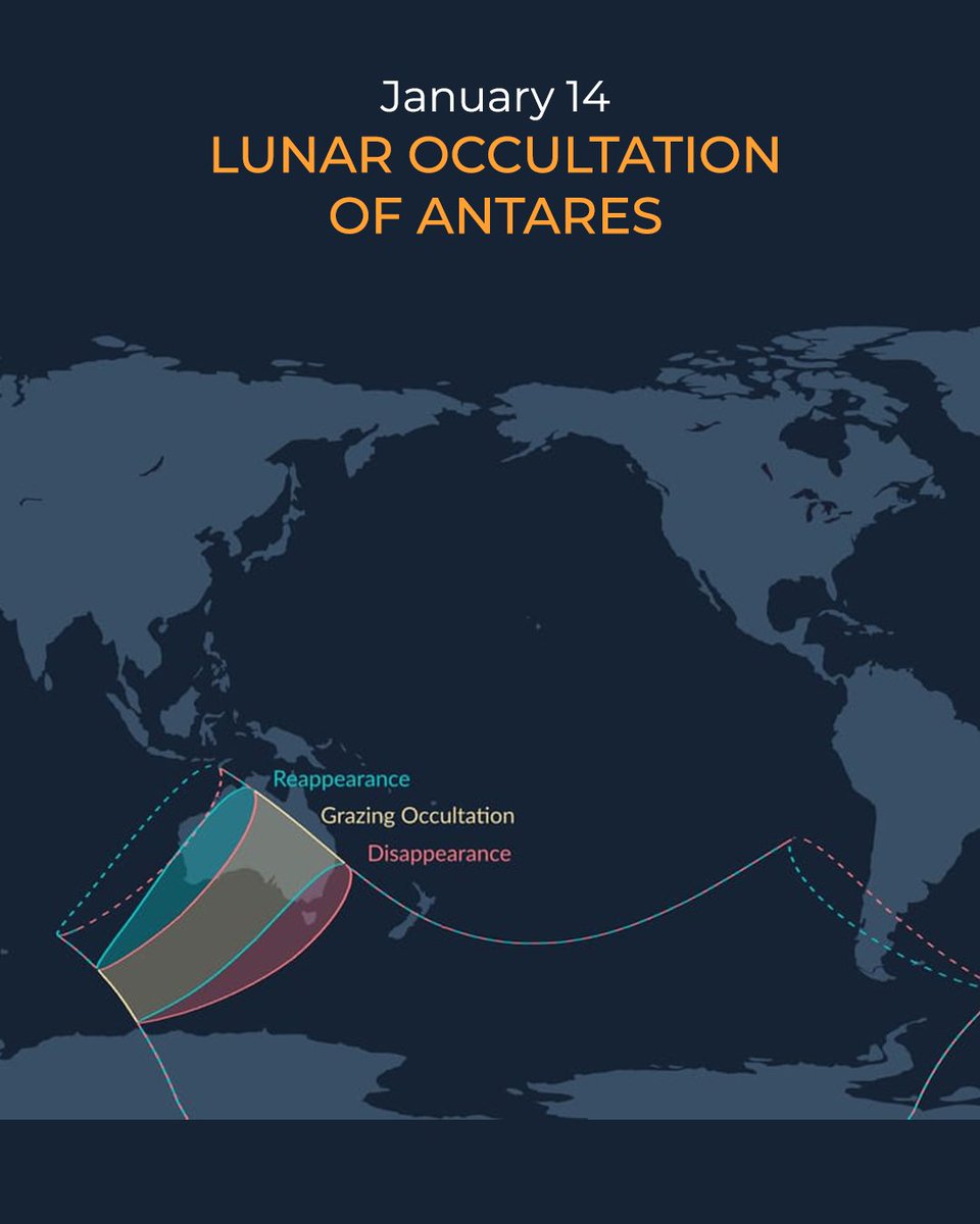 StarWalk's tweet image. January 14, 2026: the Moon meets Antares 🌙✨

The 14%-lit Moon passes close to Antares in Scorpius, and observers in Australia can witness a rare lunar occultation of the bright red star.

📱 Track the event with Sky Tonight

Read more: starwalk.space/news/antares-s…

#Moon #Antares…