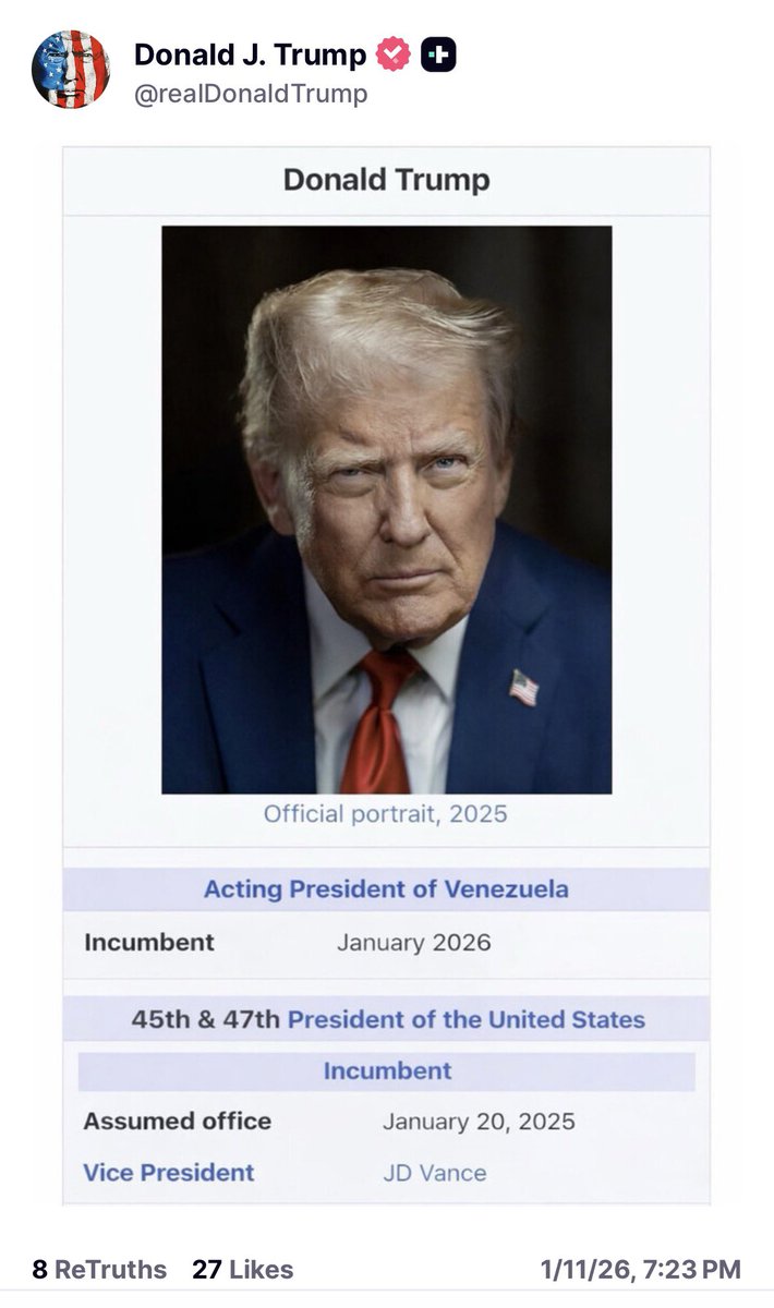 47th US President + Acting President of Venezuela? 🇺🇸🤝🇻🇪
Donald Trump just updated his bio. The Boss is expanding the portfolio! 😎
Maduro is out, and Trump says he’s in charge until further notice.
2026 is already wild. 🚀
#Trump #Venezuela #WorldNews #USA