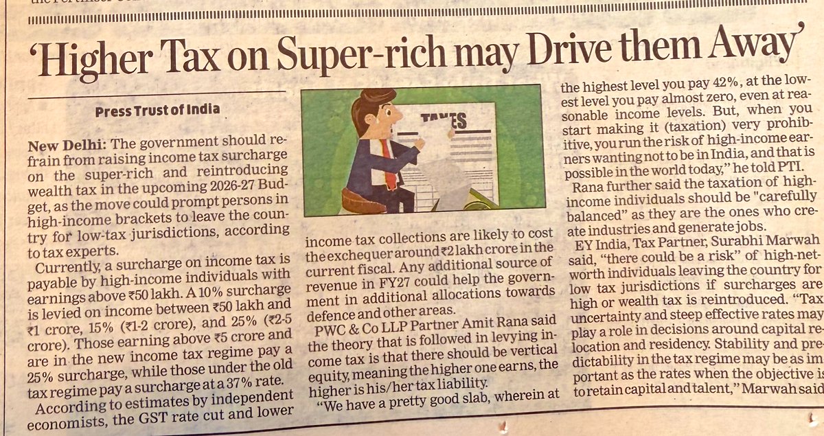 CAChirag's tweet photo. More than a million people give up their citizenship in India.

The ultra-rich HNIs need the Income Tax Maximum Marginal Rate to drop to 25% from 42% currently.

FM should ensure lowering the highest tax bracket to 35% this year, 30% next year, and 25% in 2028.

RT if you agree. https://t.co/gb8uzshLhb