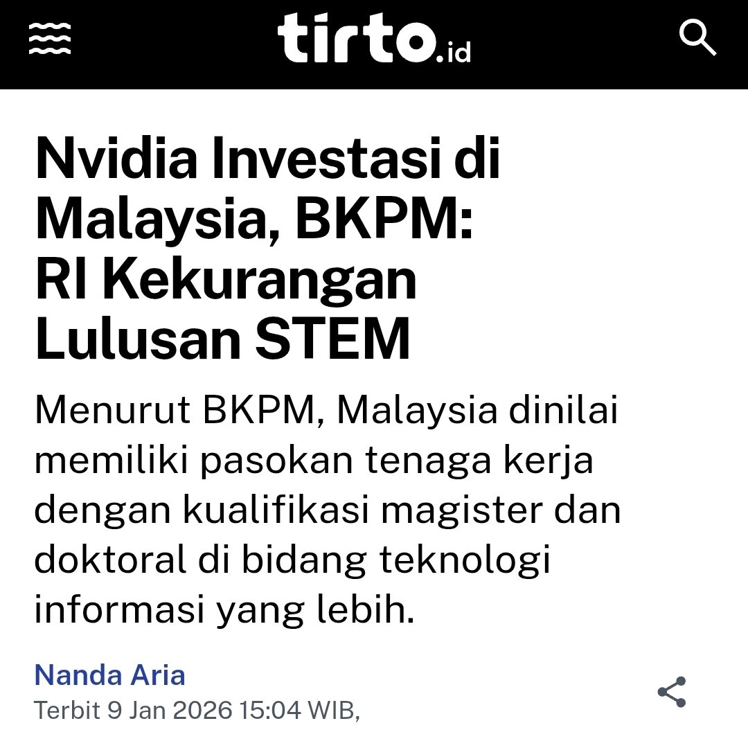 Indo Investment Coordinating Board just said indo lacked STEM talent thats why company like NVIDIA go to Malaysia over Indo.

But lets be honest guys... Indo is a nightmare investment destination bcuz rent seeking parasites infest every layer, law enforcement is YOYO, politics r