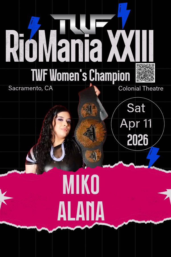 twfwrestling's tweet image. TALENT ANNOUNCEMENT: TWF Women’s Champion @mikoxalana will defend it on 4-11. Who challenges?

Tix: link/QR Code/door: eventbrite.com/e/twf-riomania…

TWF RioMania XXIII
Live Pro Wrestling 
Sat April 11
Colonial Theatre 
3522 Stockton Blvd
Sacramento, CA
7pm
All ages

📷 westghost707