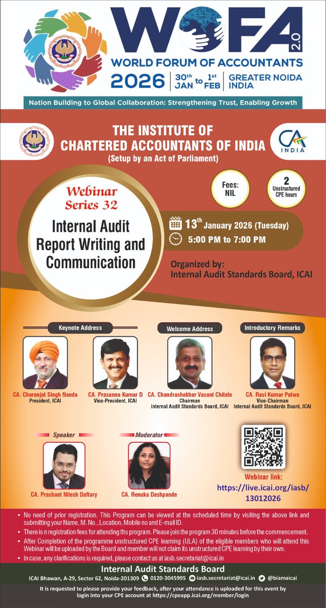 Webinar on "Internal Audit Report Writing and Communication" on January 13, 2026 from 5:00 PM to 7:00 PM.

Registration Link: live.icai.org/iasb/13012026/