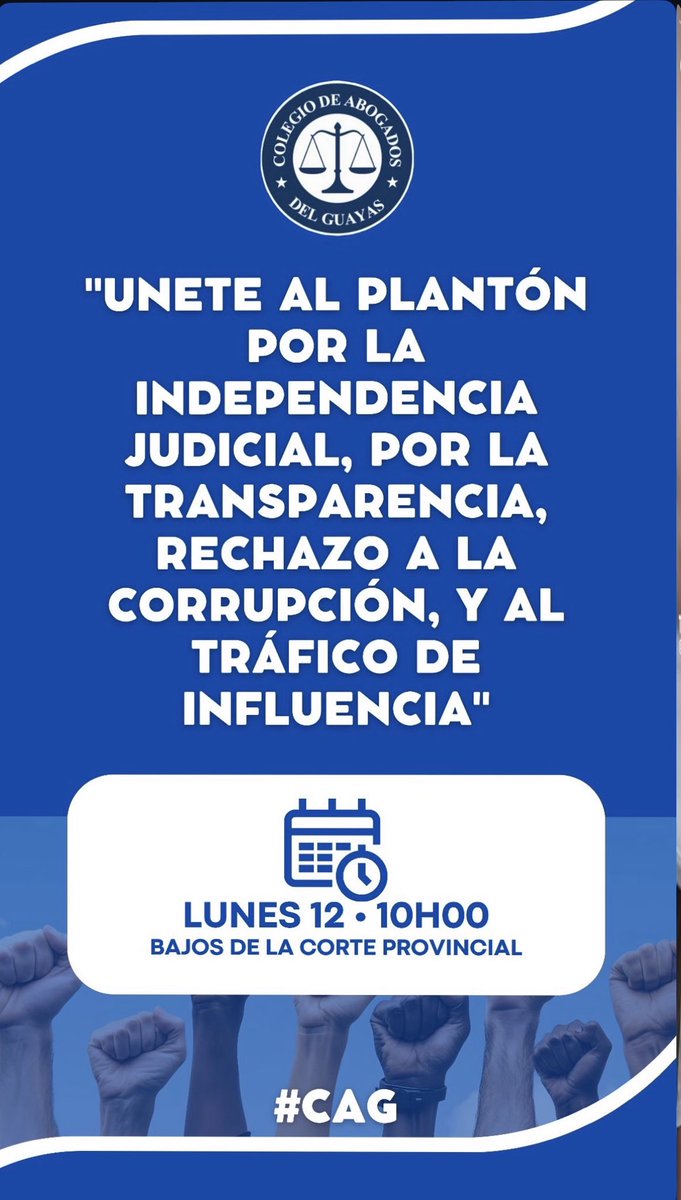 El Pdte del Colegio de Abogados del Guayas; ⁦<a href="/abgfabianyanez/">Fabián Yanéz Barrera</a>⁩ te invita y convoca;

VAMOS A UN PLANTON. POR UNA JUSTICIA LIBRE TRASPARENTE E INDEPENDIENTE. 

Rechazamos la ineptitud e ineficiencia del CONSEJO DE LA JUDICATURA.
