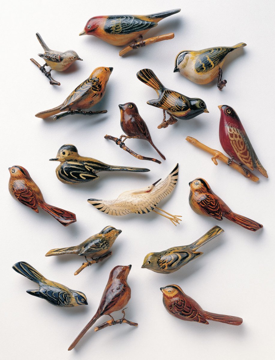 Bird pins (brooches) made out of scrap materials by Japanese Americans held in internment camps during World War II. From The Art of Gaman: Arts &amp; Crafts from the Japanese American Internment Camps 1942-1946 by Delphine Hirasuna (Ten Speed Press, 2005).