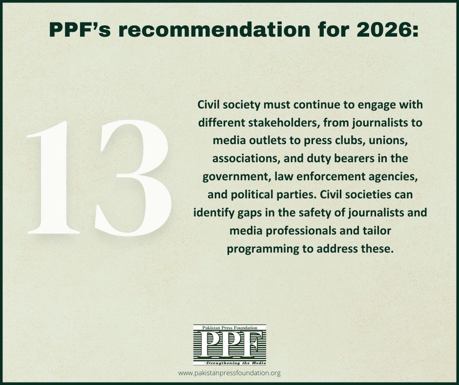 PPF calls on stakeholders, including duty bearers, media organizations, politicians, federal and provincial governments, and law enforcement agencies, to reaffirm a commitment to creating a safer environment for journalists and media professionals.  
Read: pakistanpressfoundation.org/ppf-calls-for-…