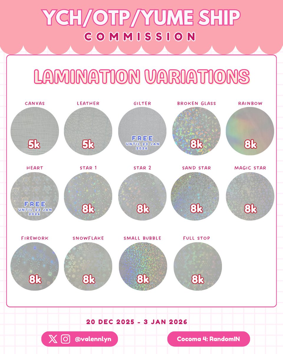✦🔁&amp;💙tysm✦

Hi! I'm opening merch commissions for valentine days on 14 Feb, you can pick up at #cocoma4 or Mail Order!

🎮 Circle: RandomIN (D19-20)
🗓️ 12-23 jan 2026
🔔Will close earlier if orders are full
⚠️T&amp;C in the pics below⬇️

#commissionopen #ArtCommission