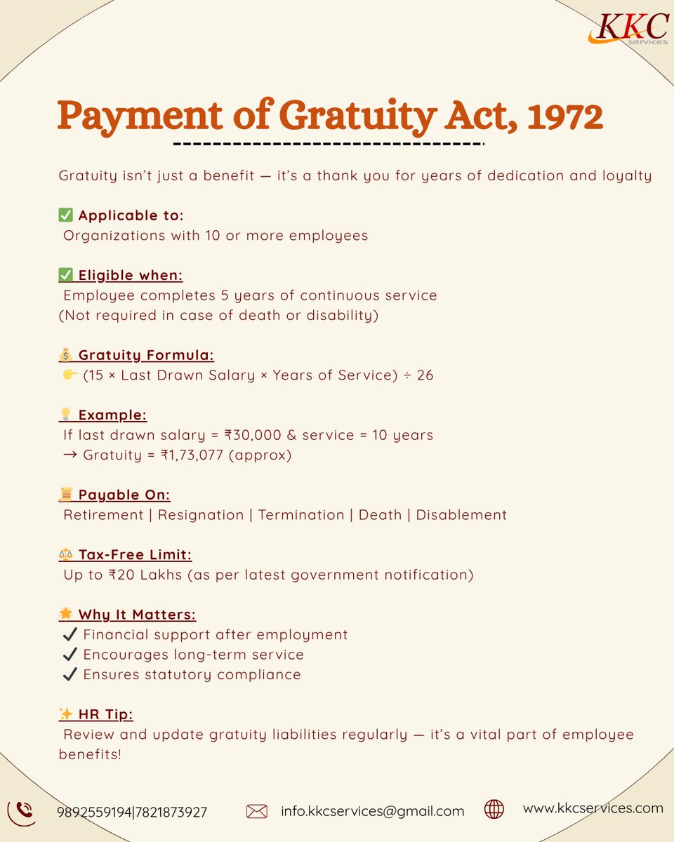 KKC_Services's tweet photo. A secure future begins with the right protections.
 The Payment of Gratuity Act, 1972 ensures employees receive a reward for long-term servicea financial thank-you for loyalty, commitment, and years of contribution. https://t.co/vBHR66iPBU