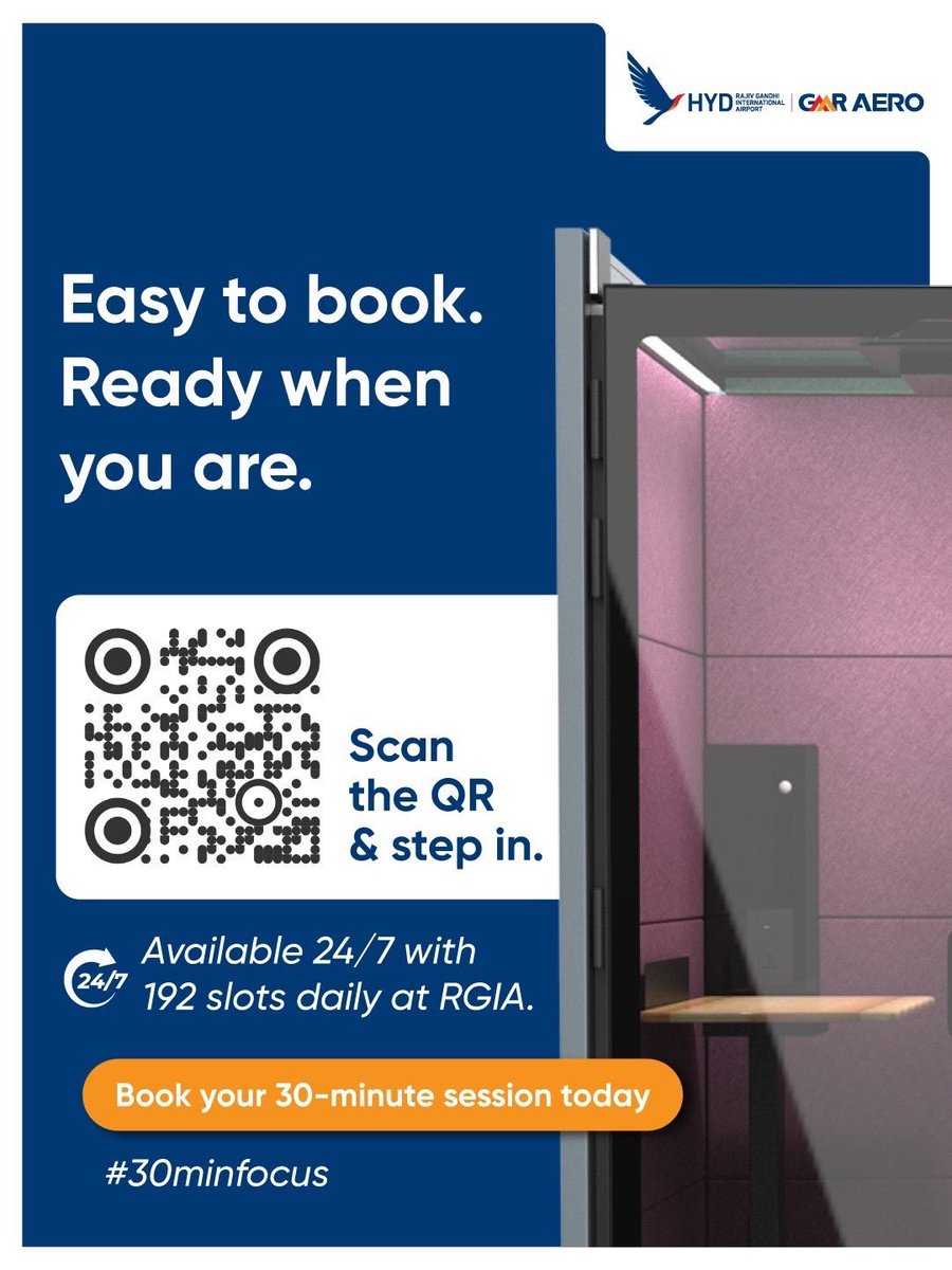 RGIAHyd's tweet photo. Looking for a quiet place to work at the airport?
Introducing Mio Workspace Pods at RGIA! The Pods offer a private, distraction-free space for calls, meetings, and focused work, right where you need it most. Just steps away from your boarding gate.
Available 24/7 with easy QR-based booking. 

#MioWorkspacePods #30minfocus #RGIA #BusinessTravel #ProductivityOnTheGo #AirportInnovation