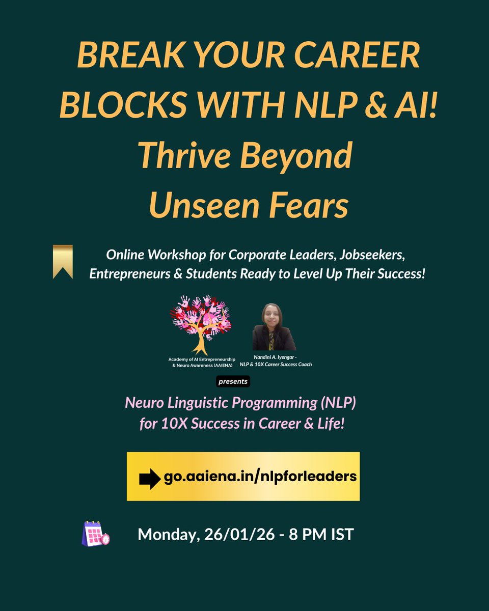 NandiniAlagar's tweet photo. Register: https://t.co/Bit6VHOsZR
When your inner dialogue changes,
your income, leadership &amp; opportunities change.
🔓 Break the invisible blocks holding your career back.
📈 Step into confidence &amp; clarity.
👉 Join the NLP for Career Success experience

#NLP #CareerGrowth https://t.co/nwfIud9Ekc