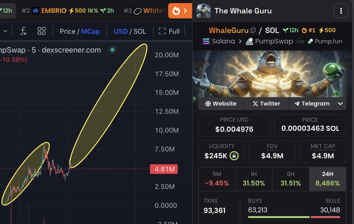 First 500 people to retweet gets free #SOL   (yes, for real) 👀

Look at $Whaleguru chart ! Fucking bullish !

There is no way its doesnt break previous ATH !

$Whaleguru just survived a 60-70% correction and its coming back from bottom!

Insane volume and strong community ! I