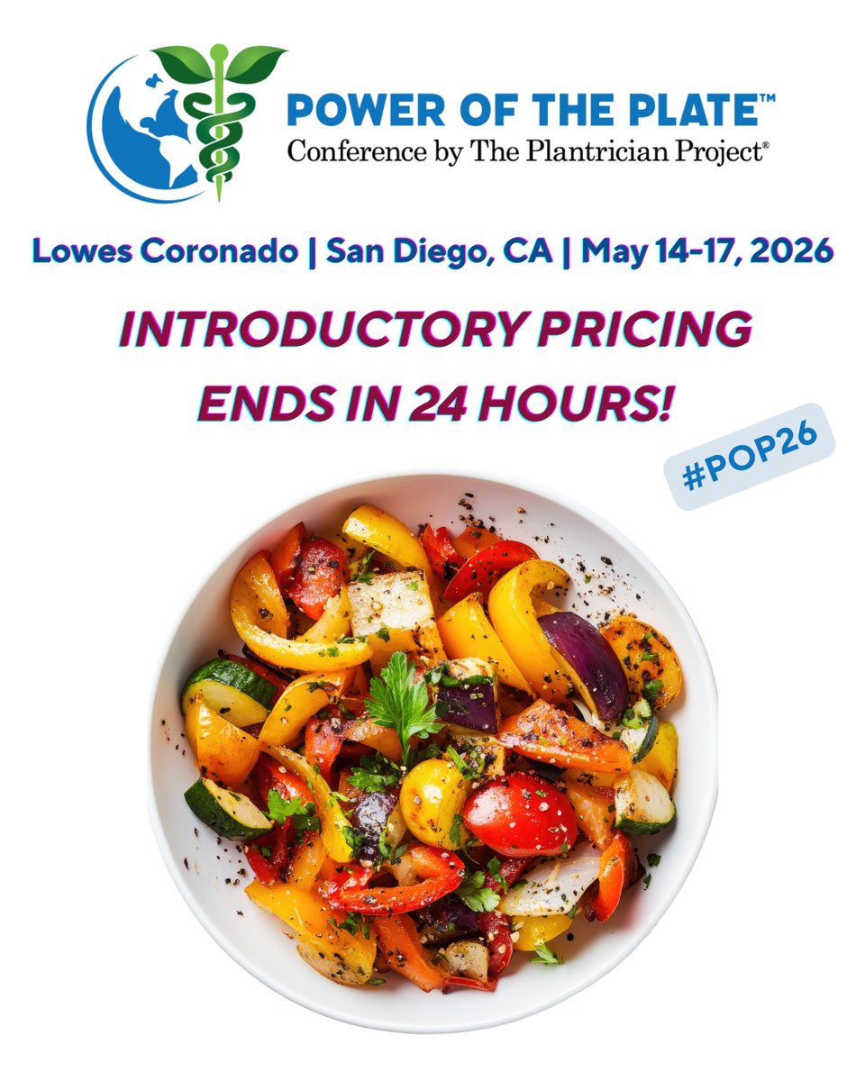 Plantrician's tweet image. ⏰ POP 2026 Introductory Rates End in 24 Hours! ⏰

In 24 hours, at 11:59pm ET on Monday 1/12, registration prices will increase. Don't miss out! poweroftheplate.org

#PlantricianProject #PowerOfThePlate #HealthcareConference #IntroPricing #SanDiego #Changemakers #POP26