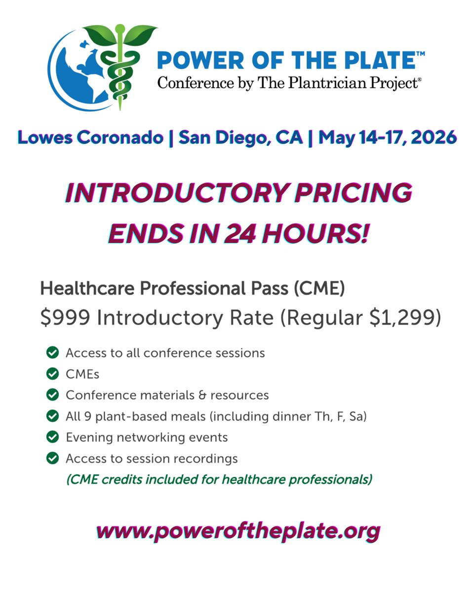 Plantrician's tweet image. ⏰ POP 2026 Introductory Rates End in 24 Hours! ⏰

In 24 hours, at 11:59pm ET on Monday 1/12, registration prices will increase. Don't miss out! poweroftheplate.org

#PlantricianProject #PowerOfThePlate #HealthcareConference #IntroPricing #SanDiego #Changemakers #POP26