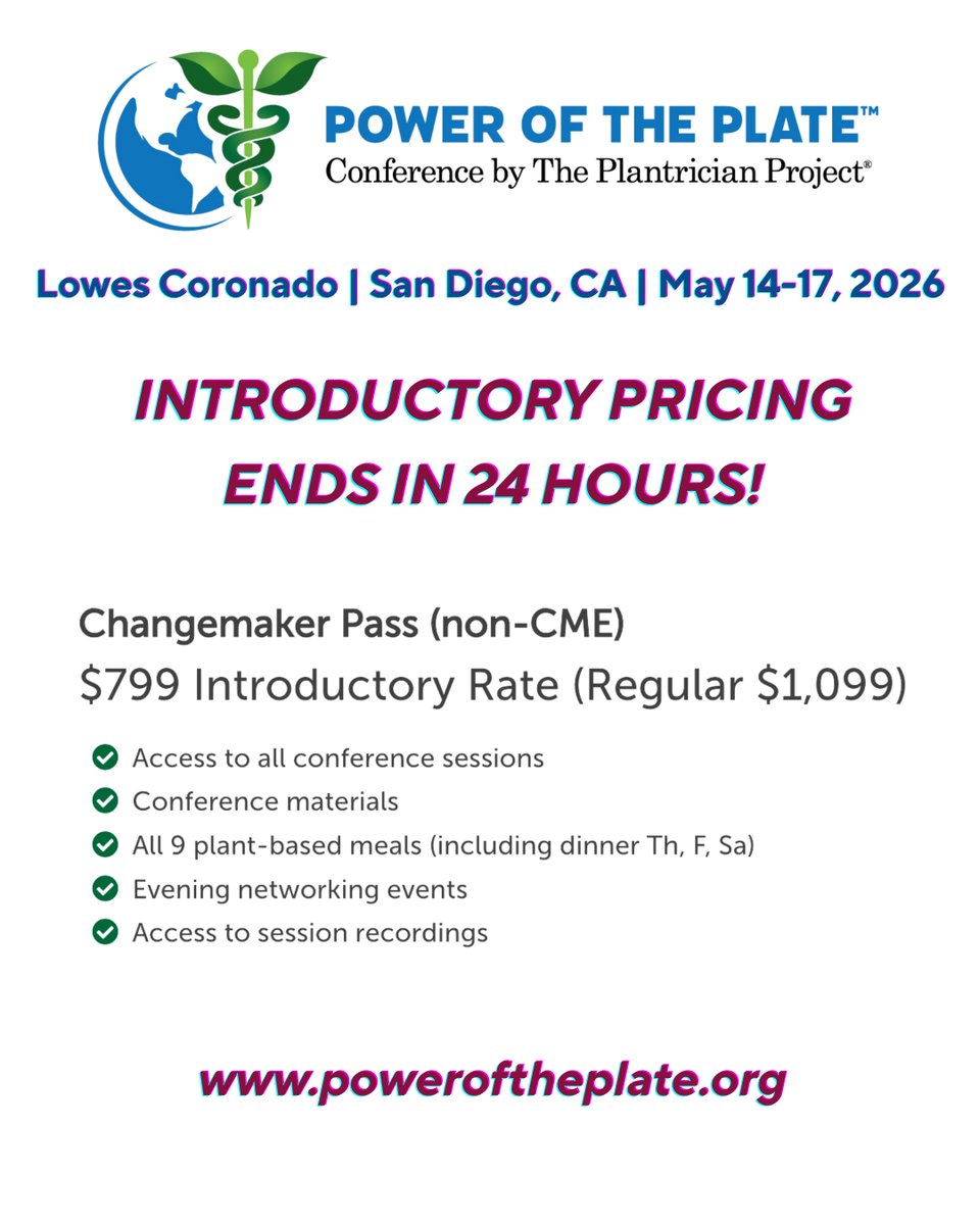 Plantrician's tweet image. ⏰ POP 2026 Introductory Rates End in 24 Hours! ⏰

In 24 hours, at 11:59pm ET on Monday 1/12, registration prices will increase. Don't miss out! poweroftheplate.org

#PlantricianProject #PowerOfThePlate #HealthcareConference #IntroPricing #SanDiego #Changemakers #POP26