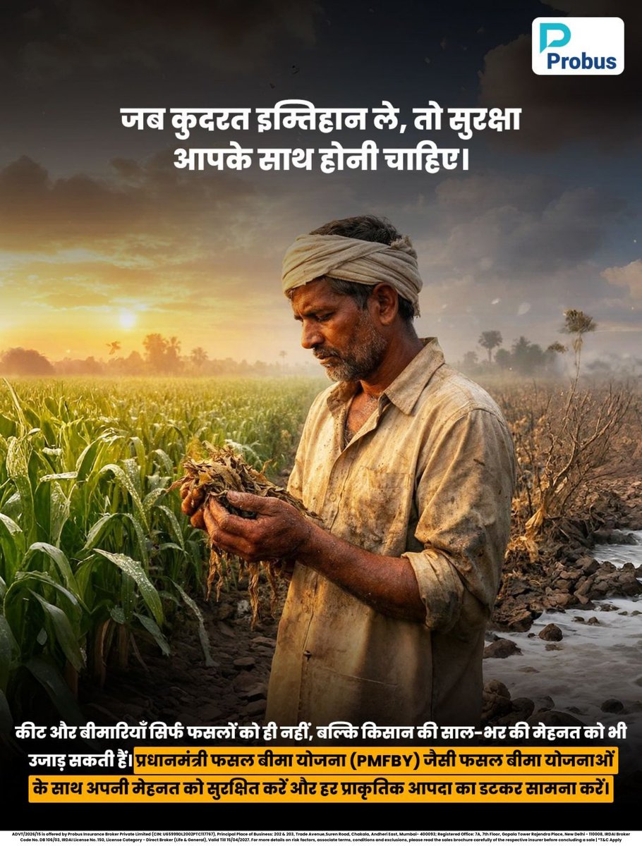 ProbusInsurance's tweet image. जब मौसम अपना मिज़ाज बदलता है, तो सिर्फ़ फसल ही नहीं - किसान की मेहनत भी दांव पर लग जाती है। 🌾⚠️

अचानक बारिश, तेज़ धूप या अनदेखे खतरे हर मौसम को अनिश्चित बना देते हैं। लेकिन सही फसल बीमा के साथ किसान हर चुनौती का डटकर सामना कर सकते हैं और आगे बढ़ सकते हैं। 👨‍🌾✅

 #withprobus