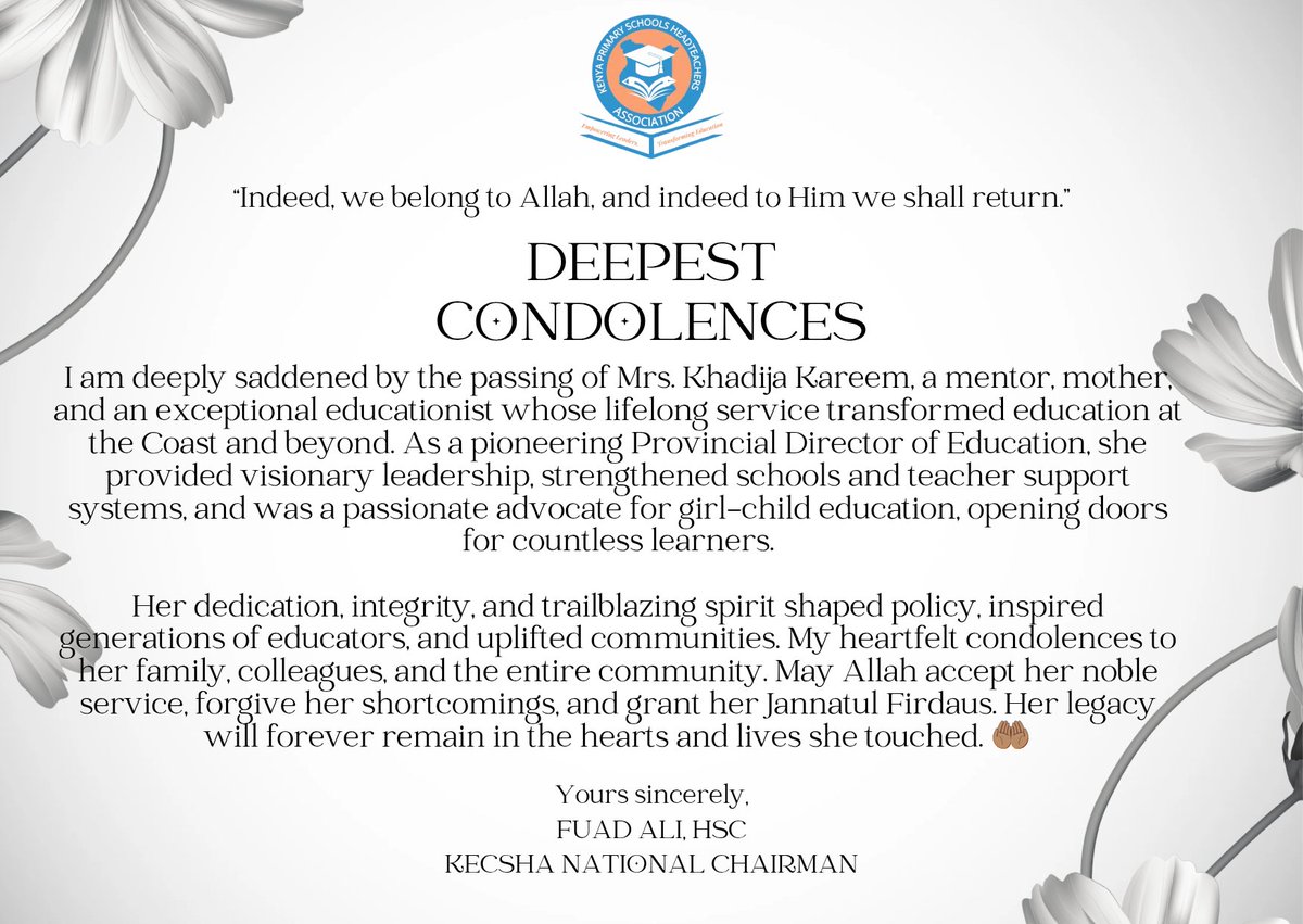 Rest in peace our Education Champion Mrs Khadija Kareem🙏🤍🕊

#rip #kescha #education