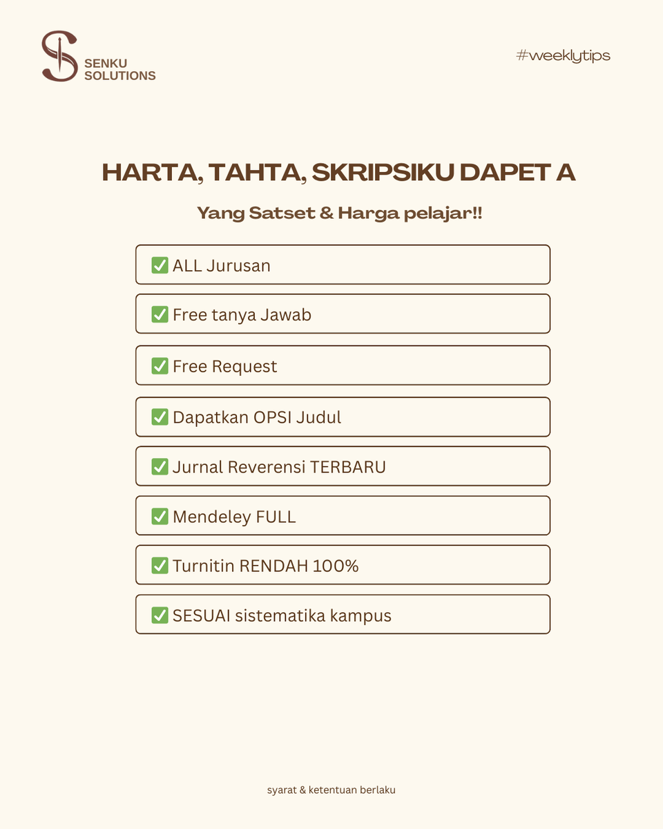 senkusolution's tweet photo. Capek begadang tapi skripsi nggak maju-maju? Atau bingung cari jurnal referensi yang valid? Tenang, Senku Solutions siap jadi penyelamat studi kamu! 🚀

​Kenapa harus pilih Senku Solutions?
​✅ All Jurusan: Apapun jurusannya, kami siap bantu. https://t.co/kYVszmRNrw