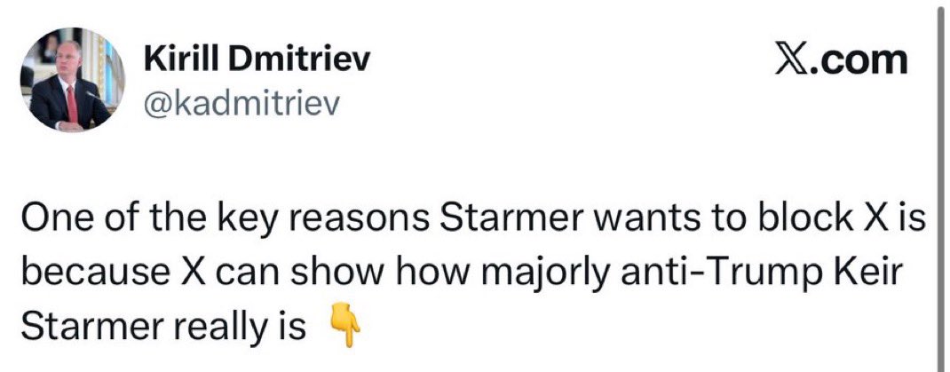 This is how absurd Russian disinformation has become. Kirill Dmitriev lectures the UK about potentially banning X, while posting from Russia via a VPN, because X is already banned there.