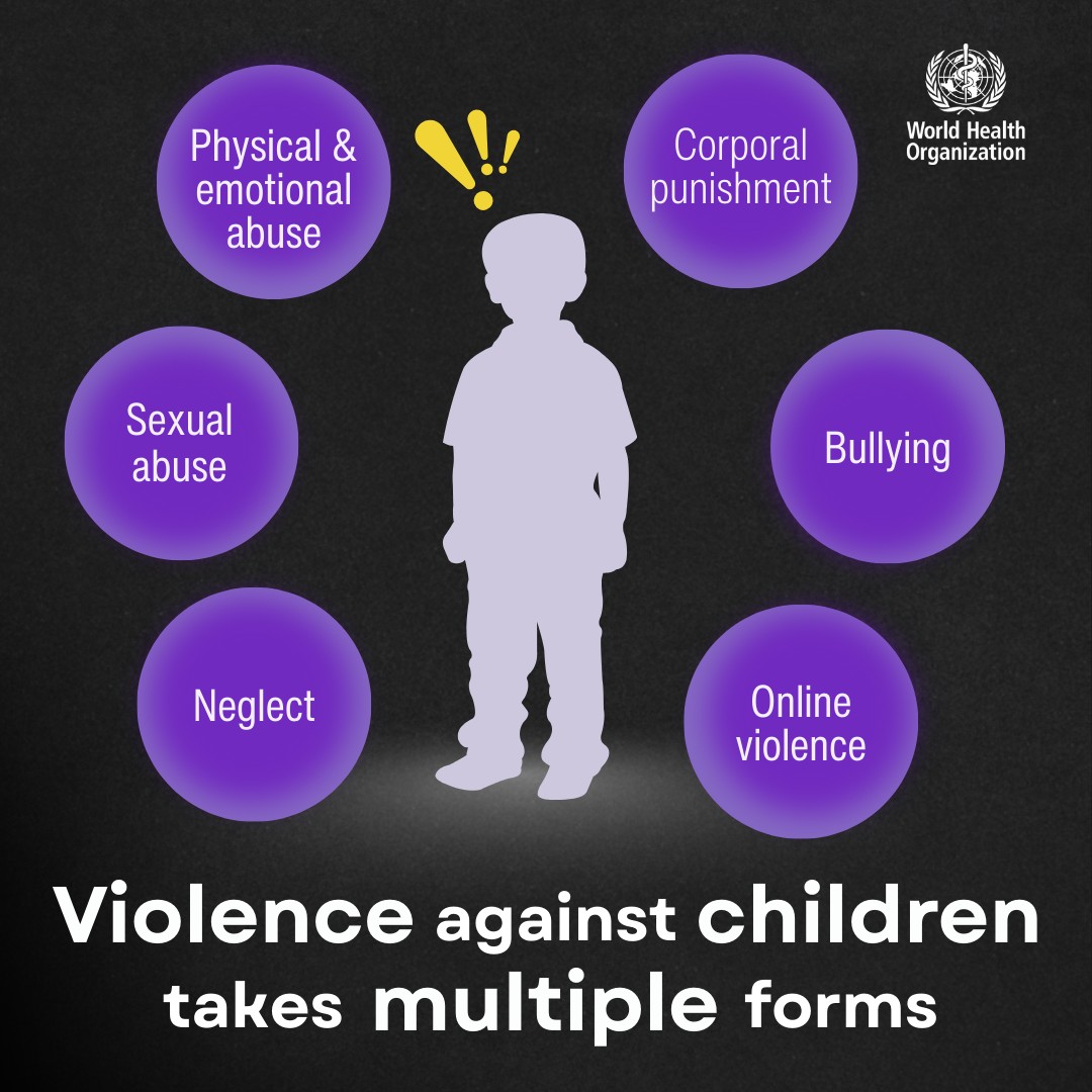 Chaque année, on estime qu'un milliard d'enfants 🌎🌍🌏subissent une forme de violence:

✋Violence physique ou psychologique
✋Maltraitance (châtiments corporels)
✋Harcèlement scolaire
✋Violence sexuelle
✋Cyberviolence
La violence envers les enfants doit cesser immédiatement.