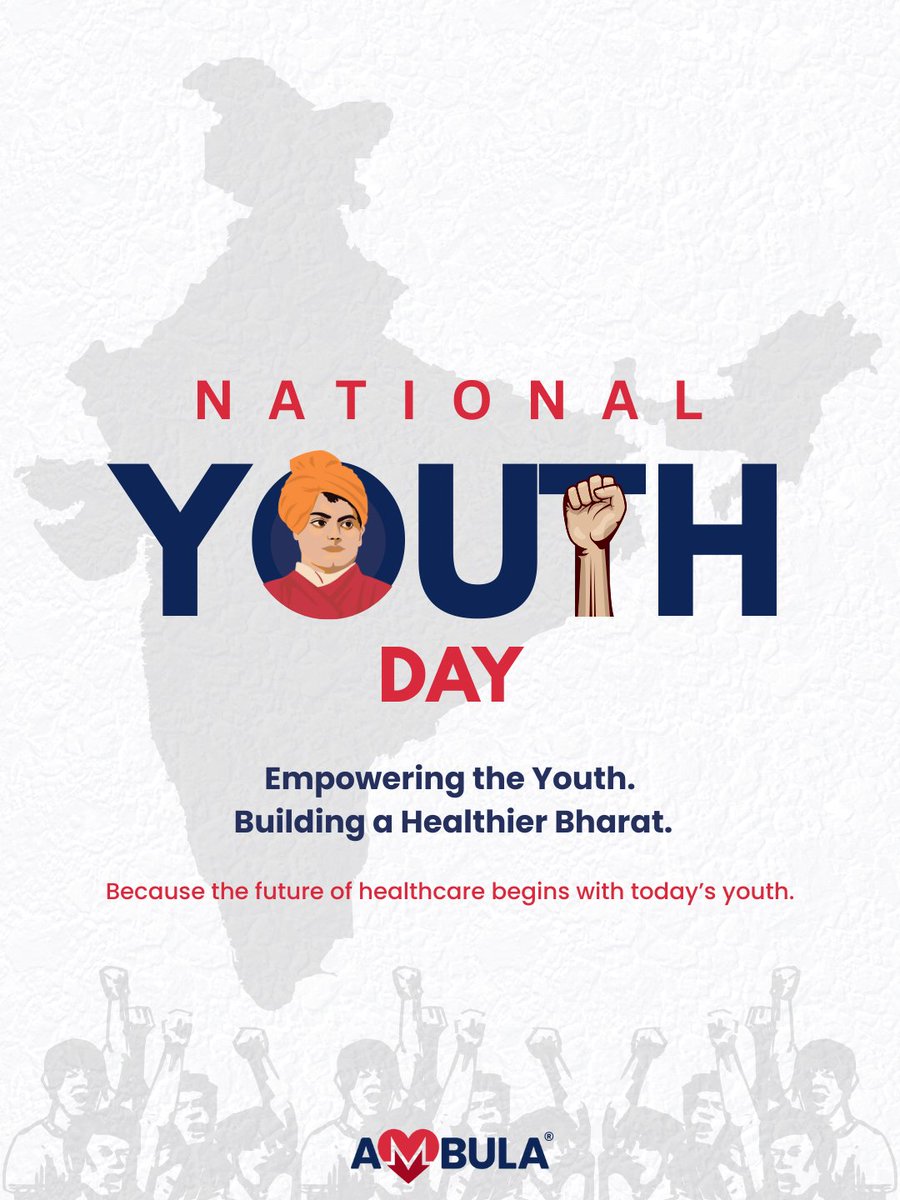 AmbulaTech's tweet photo. On this National Youth Day, we celebrate the energy, ideas and determination of India’s youth.

At Ambula, we believe empowered youth are key to a healthier, digitally connected Bharat.

Inspired by the vision of Swami Vivekananda, let’s innovate, serve and lead with purpose. https://t.co/UoHTeNANlt