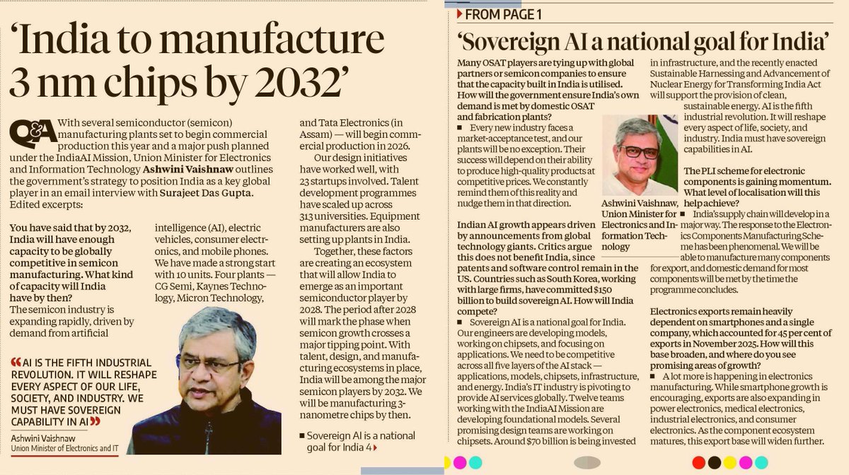 prasannavishy's tweet photo. Good interview with Ashwini Vaishnav. He  knows his stuff. 

India aiming to manufacture 3nm chips by 2032 and treating sovereign AI as a national goal. 

Definitely talent pipelines, fabs, OSATs, design, and demand are being stitched together at scale. But execution will continue to be the hard part.

-3nm isn’t just fabs, but we need EUV access, deep supplier depth, yields, and brutal cost discipline.

-AI sovereignty means models + chips + energy + data. Need to see how we scale here 

Hopefully we stay the course and achieve this @bsindia