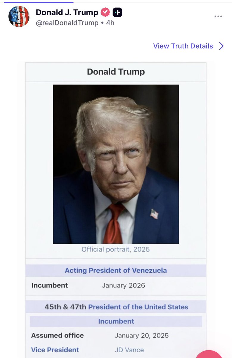 cloud9markets's tweet image. BREAKING 🚨

Trump declares he is the acting president of Venezuela now 👇 This is not AI, posted by official Trump truth social account