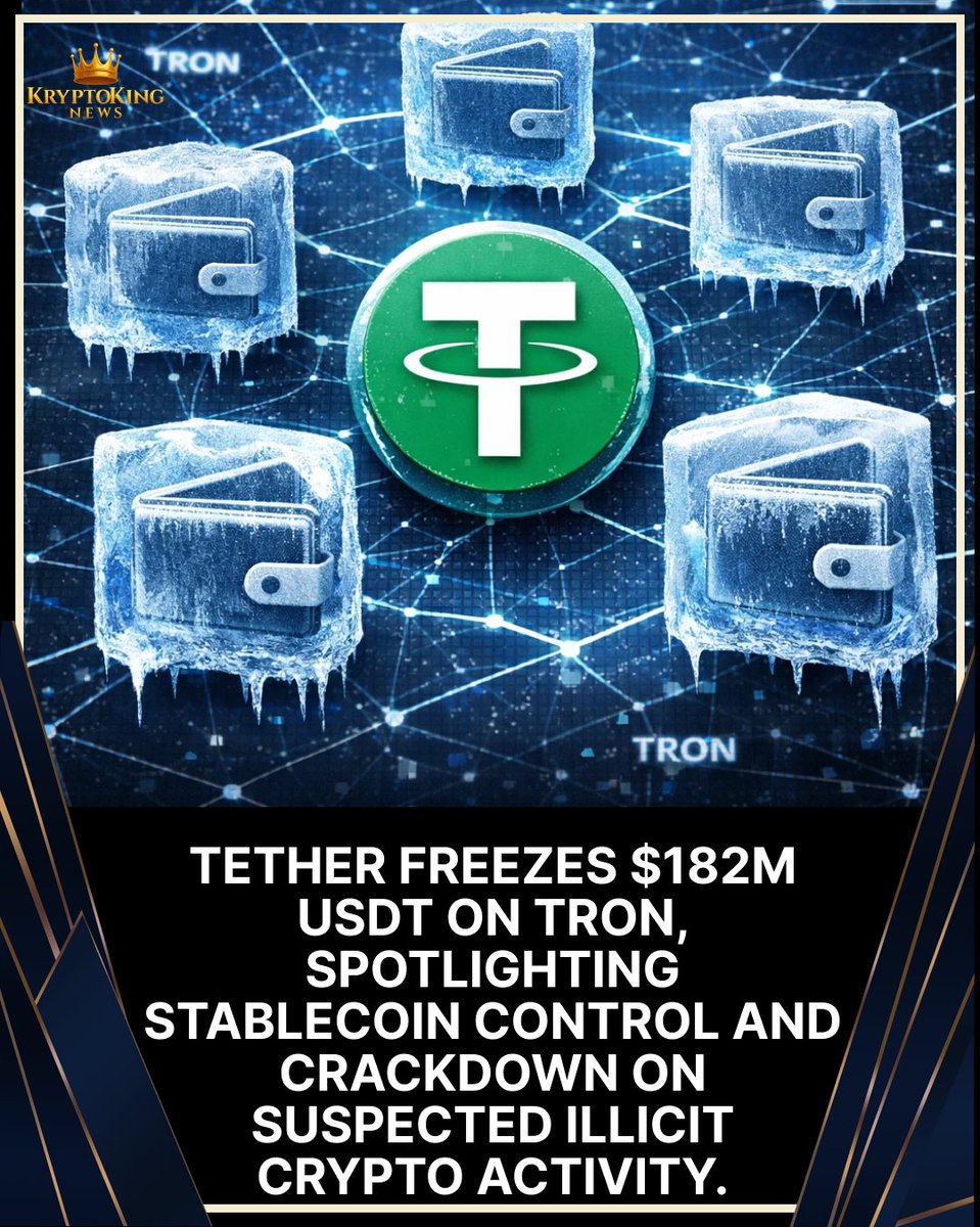 Tether froze $182M USDT across five Tron wallets with law enforcement,  highlighting stablecoin centralization and issuer-controlled enforcement  powers. #Tether #USDT #CryptoNews #Stablecoins #Tron #Blockchain  #CryptoRegulation #AML #Web3 #Crypto ...