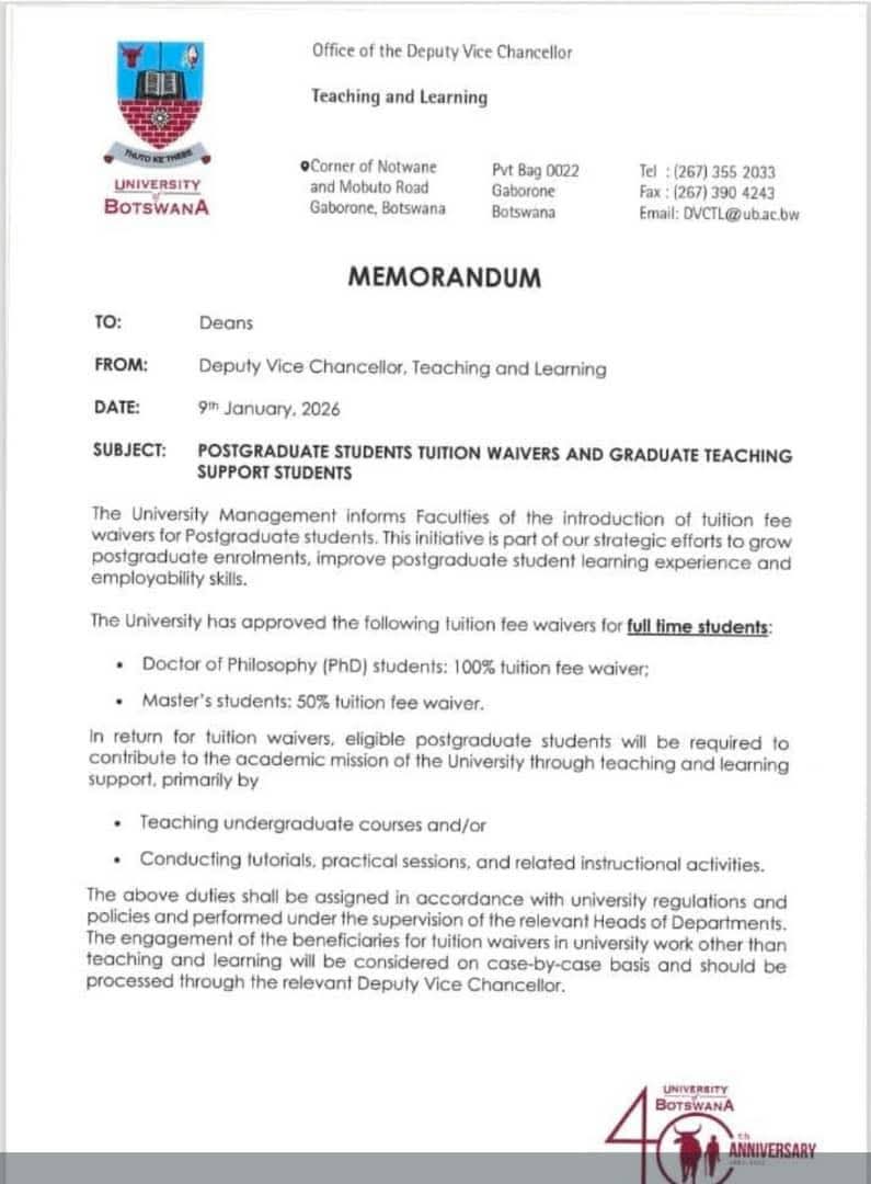 Motho le motho kgomo...! Please remember the tuition waivers are for FULL TIME STUDENTS. Please apply. PHD girlies let's apply...🎓💃🥳♥️
#Mmadikolo
#UniversityofBotswana