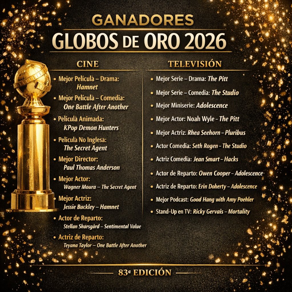 Aquí les dejo a las y los ganadores de los #GoldenGlobes2026. La verdad una noche sin muchas sorpresas, pero con resultados justos en su mayoría. Gracias a los #GoldenGlobes por la oportunidad de ser votante este año🙏🏻.Ha sido una gran experiencia.