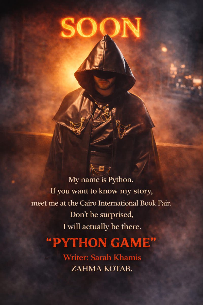 "اسمي بايثون، لو انت عايز تعرف قصتي، قابلني في معرض القاهرة الدولي للكتاب، متستغربش، أنا هكون هناك فعلاً". 

• رواية | لعبة بايثون. 
• للكاتبة | سارة خميس. 
• دار زحمة كُتاب للنشر والتوزيع.
