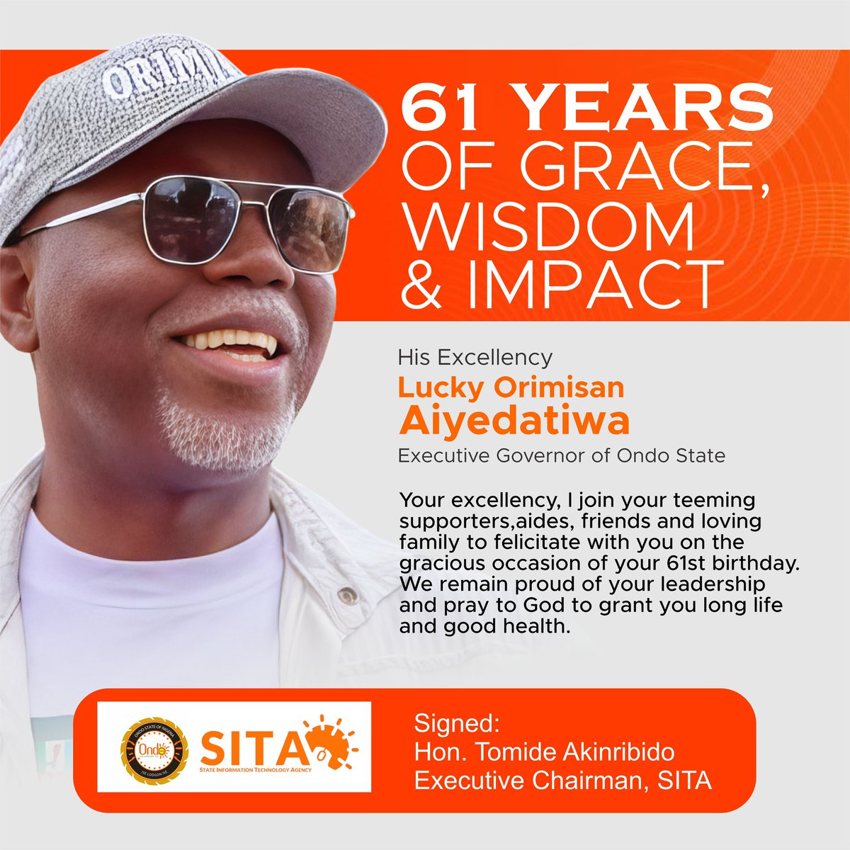 MrTomide's tweet photo. HAPPY BIRTHDAY MR GOVERNOR!! 

The management team and entire staff of the Ondo State Information Technology Agency (SITA) warmly convey our greetings to His Excellency, Dr. @LuckyAiyedatiwa, Governor of Ondo State, on the occasion of his 61st birthday Birthday anniversary. https://t.co/GSJapK4rr0