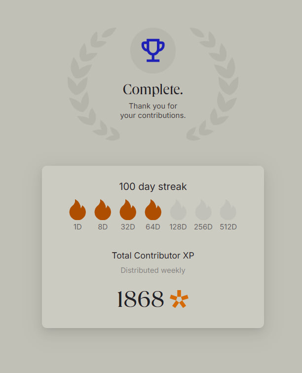 I did it, 100 days of daily check-in on <a href="/ethos_network/">Ethos</a>
Still have fresh memory to collect a daily streaks.
100 done/412 still to come...