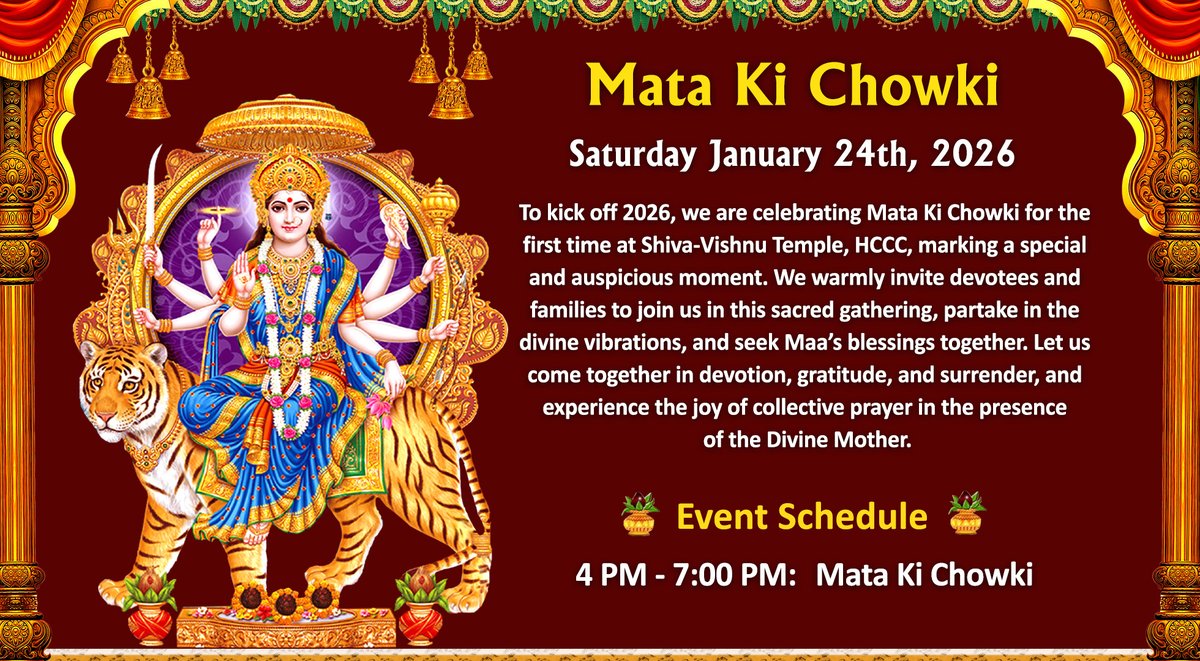 We warmly invite all devotees to join this auspicious evening on Saturday, January 24th, 2026, at Akella Hall. Let us come together in humility and joy, immerse ourselves in divine vibrations, and seek the loving blessings of the Divine Mother.
Jai Mata Di.