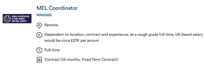 Jobs4Rojava's tweet photo. MEL Coordinator
WAGGGS
Remote
Dependent on location, contract and experience, as a rough guide full time, UK based salary would be circa £27K per annum
Full-time
Contract (12-months, Fixed Term Contract) https://t.co/8Hm4CiB6YD