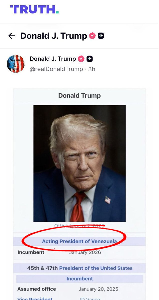 BrianJBerletic's tweet image. 🇺🇸🇻🇪 US President Donald Trump posts on his official account that he is "acting president of Venezuela." 

A US president declaring himself president of another nation 1000 miles from his own nation's borders is unhinged criminality.

This is done to prime the US public for wider…