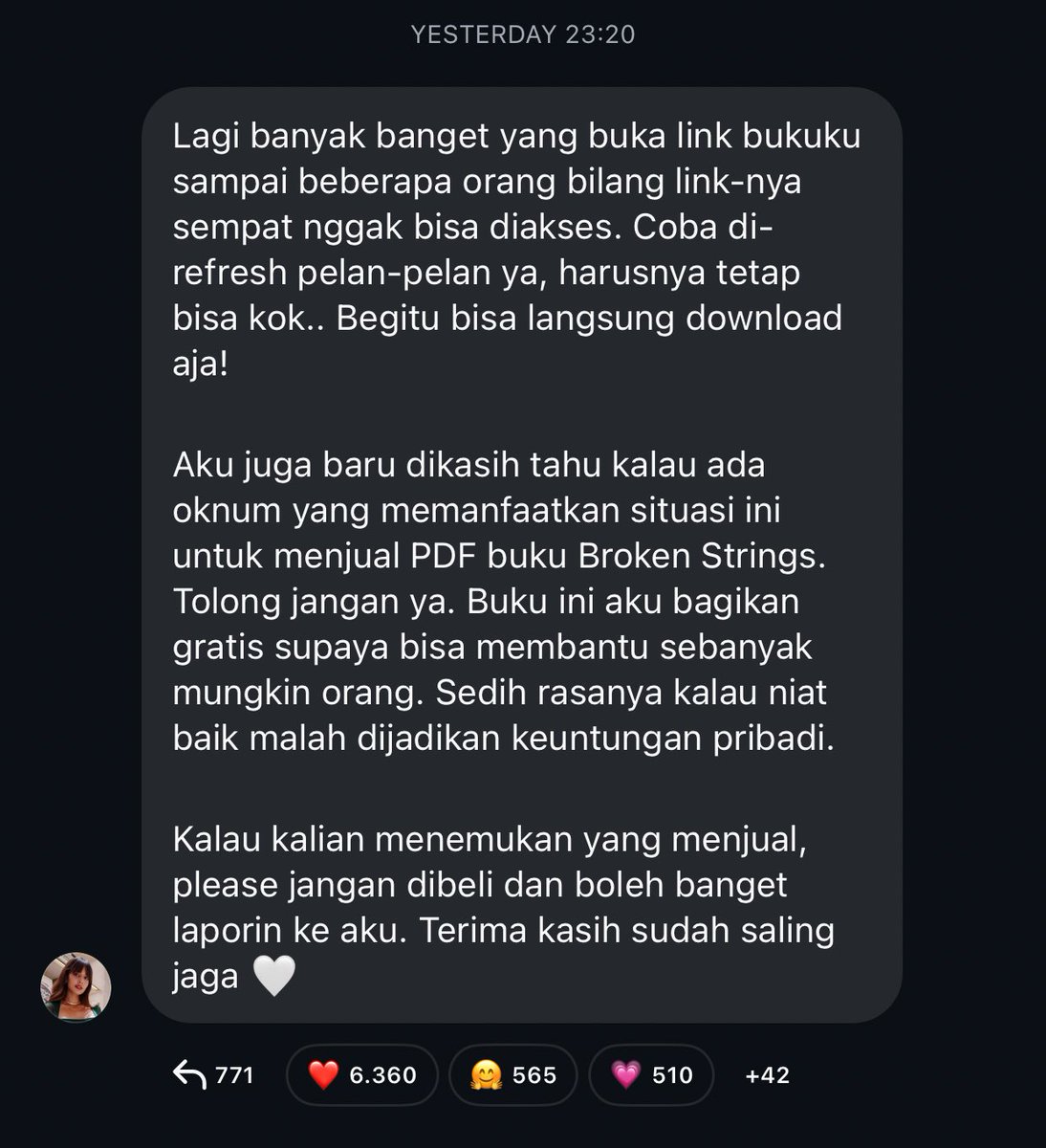 avracadavraa's tweet image. BROKEN STRINGS PDF 

🖇️ drive.google.com/drive/folders/…

Temen-temen karena linktree kak Aurelie overload trafficnya, yang mau baca Broken Strings coba akses disini yah. Download aja kalau bisa, bikin arsip, biar orang nggak kekurangan akses baca!
