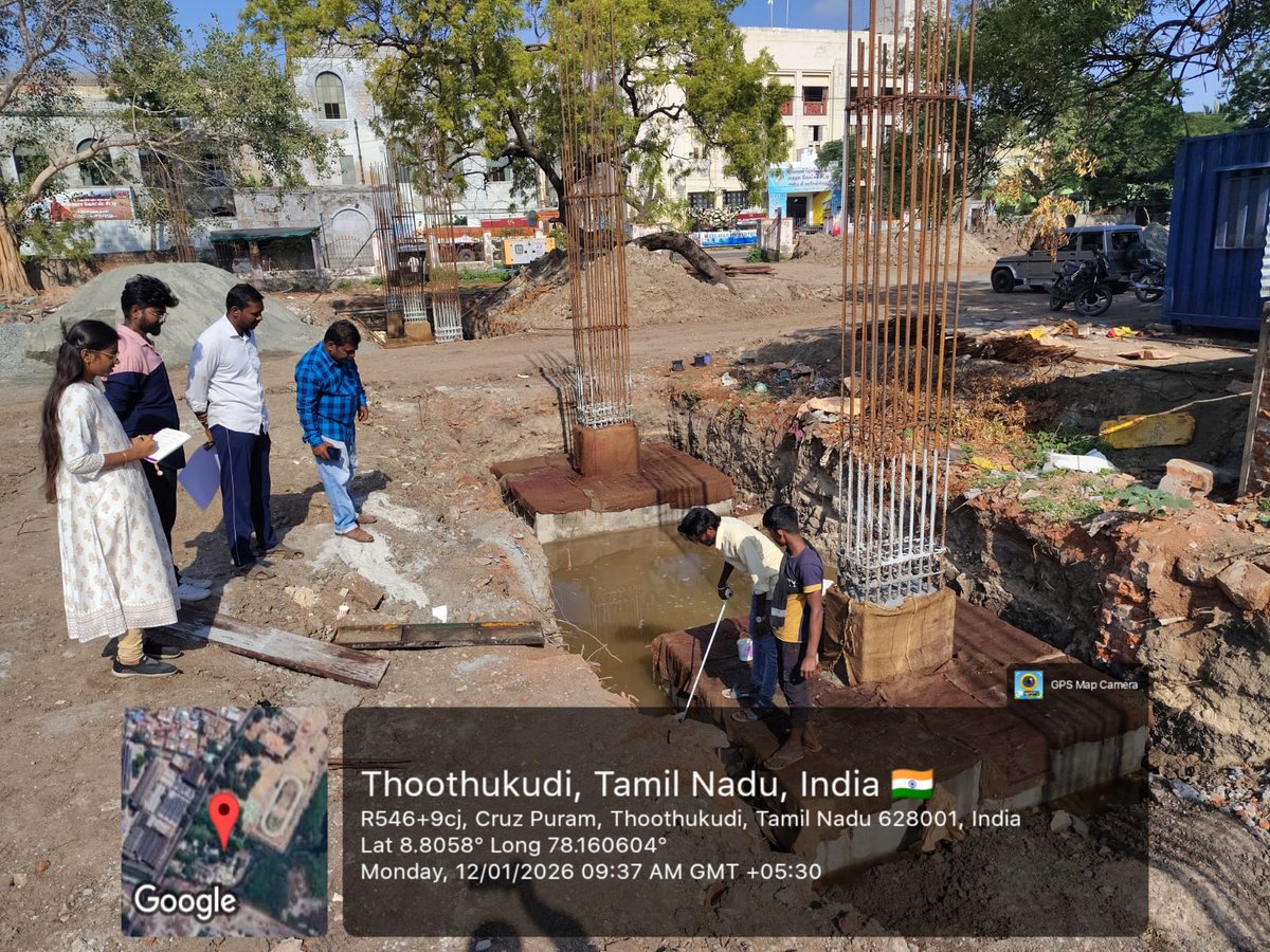 Tutycorp's tweet image. கிழக்கு மண்டலம் வடக்கு பீச் ரோடு பகுதியில் நீச்சல் குளத்தின் தளம் (Footing) மற்றும் தூண்களின் (Column) அளவீடுகள் சரியாக உள்ளதா என்பதை உதவி செயற்பொறியாளர் அவர்கள் இன்று ஆய்வு மேற்கொண்டார். 👷‍♂️🏗️

#ConstructionUpdate #AEE #Inspection #FieldVisit #QualityControl