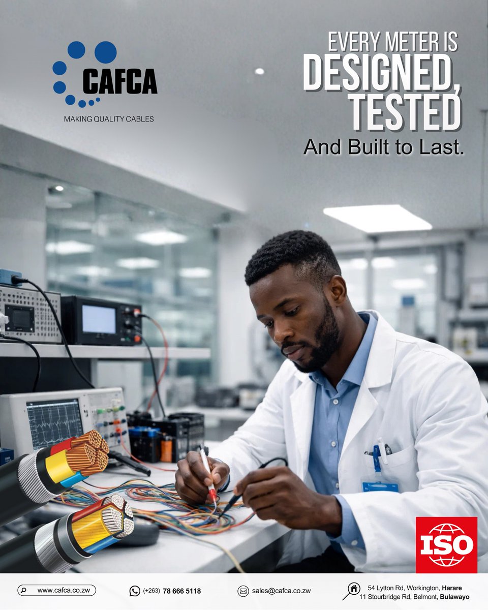 Start your week with ✅safe and ✅certified cabling.
Every meter of CAFCA cable is tested to strict laboratory standards — ensuring performance and the safety of your home and loved ones.
.
Install CAFCA cables —contact the experts today!
📞 Tel: +263 (0) 242 748083-5