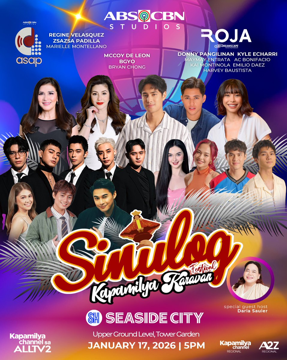 Viva Pit Señor Kapamilya !!! Kanta, sayaw ug kitakits ta Sugbo!
Sinulog Festival Kapamilya Karavan brings you the powerhouse lineup of Kapamilya artists!

The stars of Roja - Donny Pangilinan and Kyle Echarri with Maymay Entrata, Kai Montinola, AC Bonifacio, Harvey Bautista,