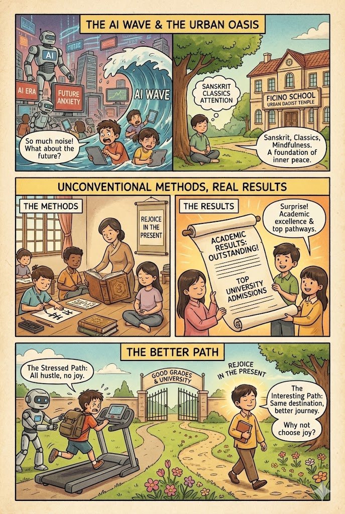 #vagabond,AI 浪潮滚滚，更该给孩子挑一段“好童年”。最近看到的 Ficino School 简直像开在城市里的小道观：学梵文、练专注、只读经典，结果升学表现还特别亮眼。校训是 Rejoice in the Present，给孩子打下一个免喧嚣裹挟、内心稳如老僧的底子。既然殊途同归（好成绩升好学校），何不选更“有趣”的呢？