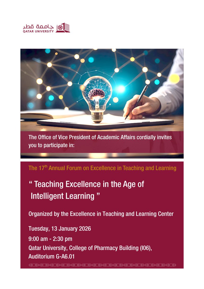 QUCETL's tweet photo. 🚀 The 17th Annual Forum on Excellence in Teaching and Learning is here!
 Teaching Excellence in the Age of Intelligent Learning—where innovation meets pedagogy.
🔗 View the program: https://t.co/2Huzf8mjey
#ExcellenceInTeaching #FutureOfLearning #CETL #QU https://t.co/lcSgBnpEsH