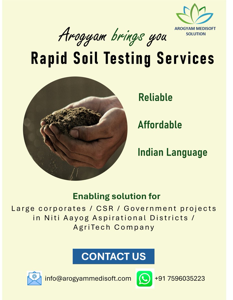 Arogyam offers Rapid Soil Testing Services designed for scale and impact.
✔ Reliable results
✔ Affordable deployment
✔ Accessible in Indian languages

Enabling solutions for corporates, CSR programs, government projects, and AgriTech companies.