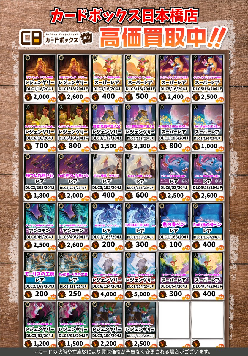 CB日本橋店ロルカナ買取表 買取表更新！ お待ちしております