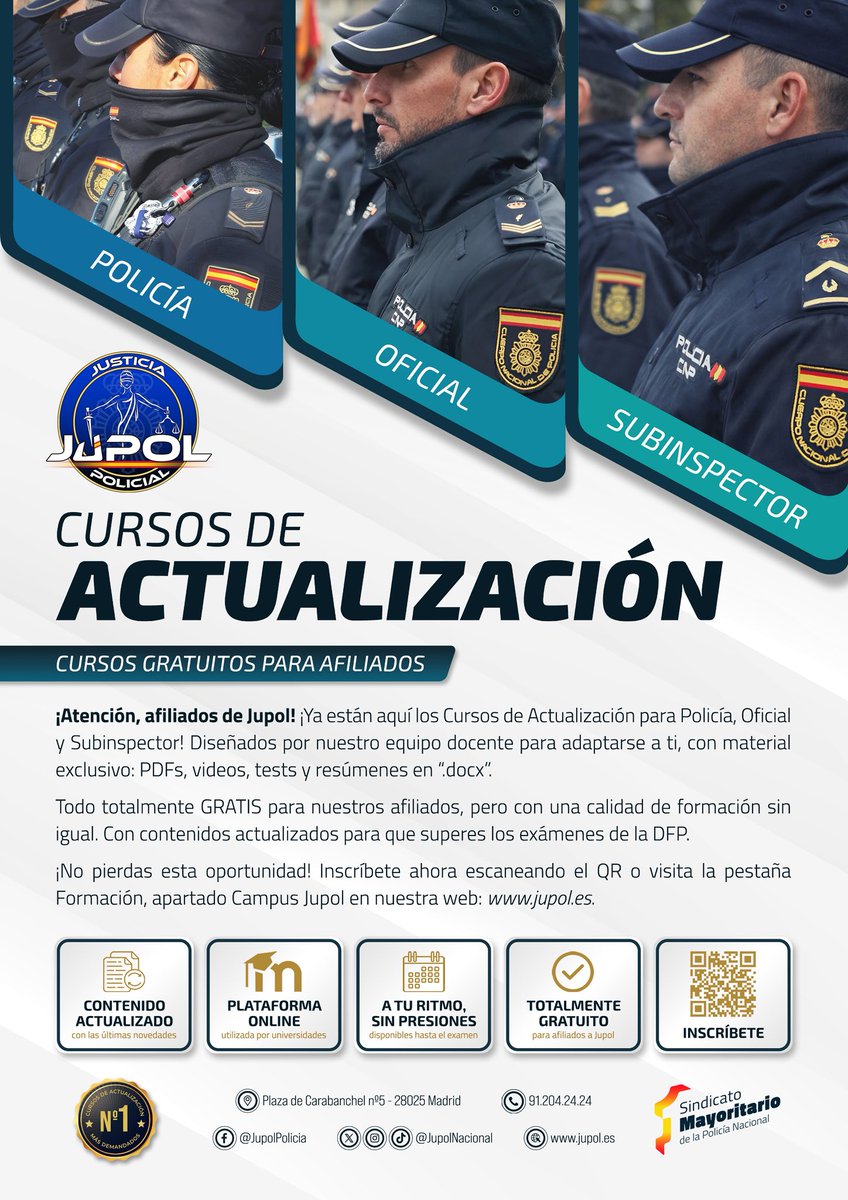 JupolNacional's tweet photo. 📈CURSOS DE ACTUALIZACIÓN

😉Totalmente gratuitos para afiliados.

¡Atención, afiliado de Jupol! ¡Ya están aquí los Cursos de Actualización para Policía, Oficial y Subinspector!

Diseñados por nuestro equipo docente para adaptarse a ti, con material exclusivo: PDFs, videos, tests y resúmenes en "docx".

Todo totalmente GRATIS para nuestros afiliados, pero con una calidad de formación sin igual. Con contenidos actualizados para que superes los exámenes de la DFP.

¡No pierdas esta oportunidad! Inscribete ahora escaneando el QR o visita la pestaña Formación, apartado Campus Jupol en nuestra web: https://t.co/oJT8qCBi1x.

ℹ️Más Info en imagen adjunta.

✍️ Afíliate AQUÍ al Sindicato Mayoritario de la Policía Nacional: https://t.co/LmlHIwaD48 *Hazlo ahora y evita las cuotas dobles de junio y diciembre. Con mejores coberturas jurídicas y asistenciales, y con un ahorro mínimo de 20€/año.

JUPOL #EquiparacionYa y mucho más.
