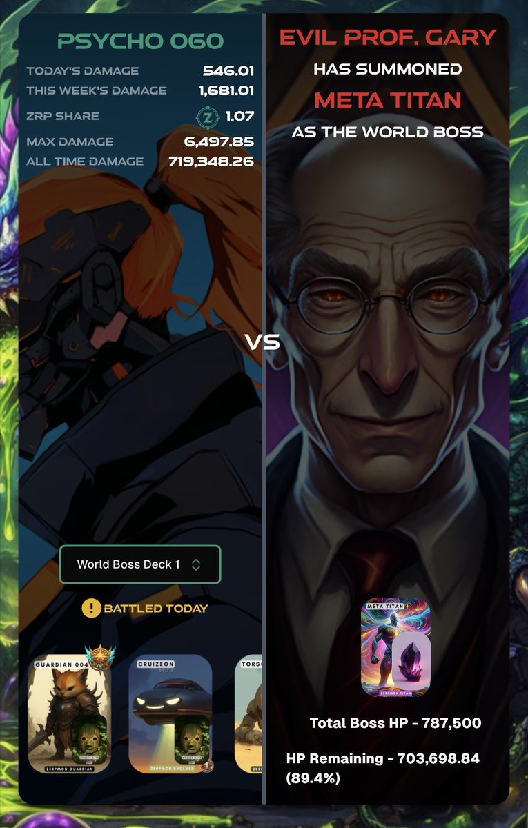 Oh no! Things aren’t looking good for <a href="/zerpmon/">Zerpmon</a> trainers. 

It’s Day 2 already and we only managed 11% damage to the world boss. 😱
That soul crystal is really annoying. 😤

<a href="/EvilProfGary/">Gary</a> good job! You must be laughing by now. Well, got my $ZRP increased 😉

#DailyPayDay 💸💸💸