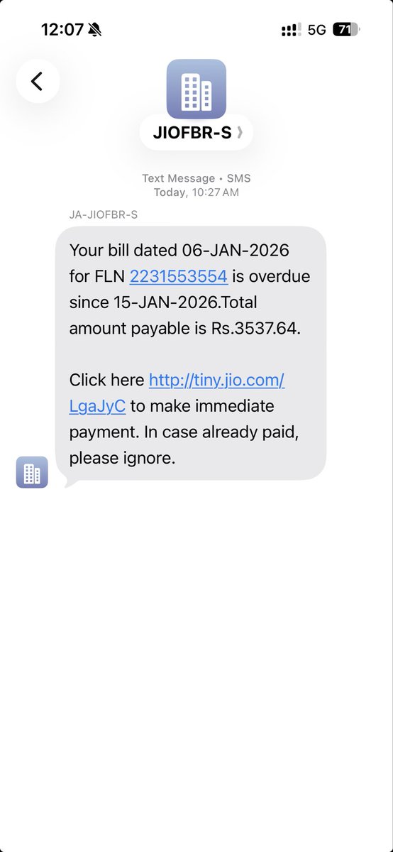 Got an amazing reminder on Jan 12th that my  Bill is overdue since Jan 15th

Prediction 

<a href="/Ishaambanipage/">ISHA AMBANI✨</a> <a href="/jio_fiber/">Jio Fiber</a>