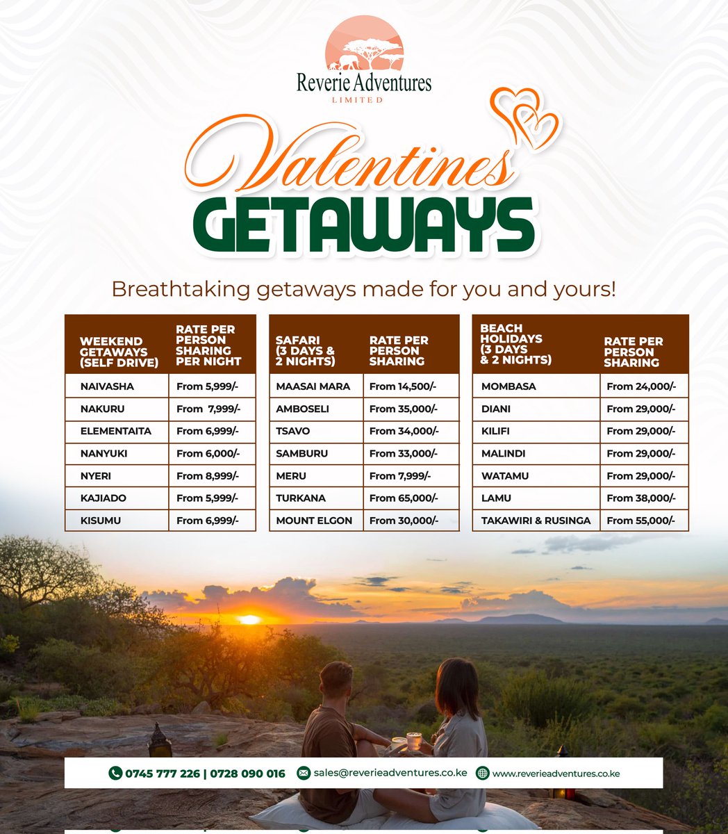 Let us help you plan for your valentines getaway.
Call 0745777226 / 0728090016
#travelwithreverie #enjoylife