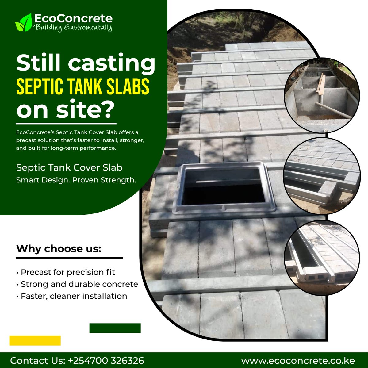 EcoConcrete’s ready precast system offers an ideal solution for septic tank covers due to its strength, durability, and ease of installation. Made from high-quality precast concrete components, the system provides a solid, load-bearing platform that can withstand heavy use and