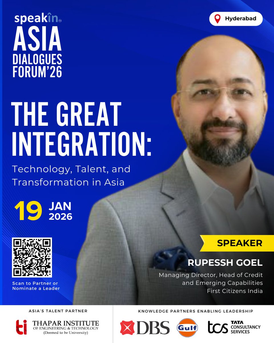 SpeakIn_Global's tweet photo. Excited to announce Mr Rupessh Goel is Managing Director &amp; Head of Credit – India at First Citizens India, as a speaker for the upcoming Asia Dialogues Forum in Hyderabad on January 19, 2026!

Learn more: https://t.co/PGK7HpUkY2

#AsiaDialogues2026 #AsiaDialoguesForum #SpeakIn https://t.co/TntN3xgola